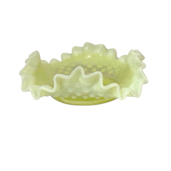 Fenton Yellow Topaz Hobnail Vaseline Uranium Glass Dish Crimped Ruffled Edge - Picture 4 of 8